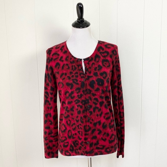 Talbots M P 100% Merino Wool Sweater Cardigan Cheetah Print Red Button Front - Picture 1 of 11